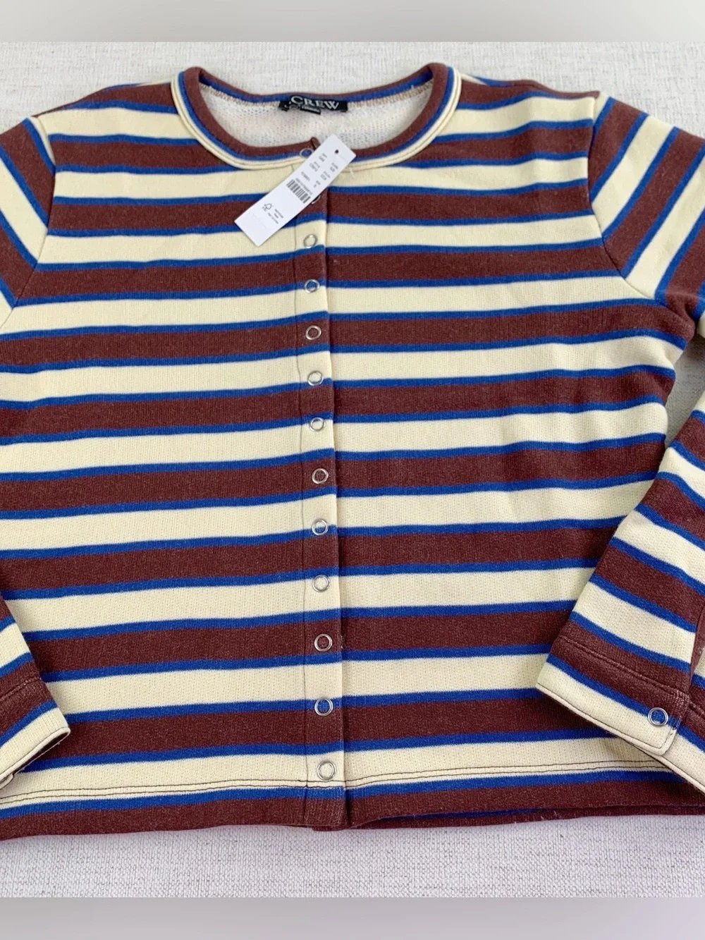 J Crew women's S Heritage terry cropped cardigan in stripe long sleeve crew neck
